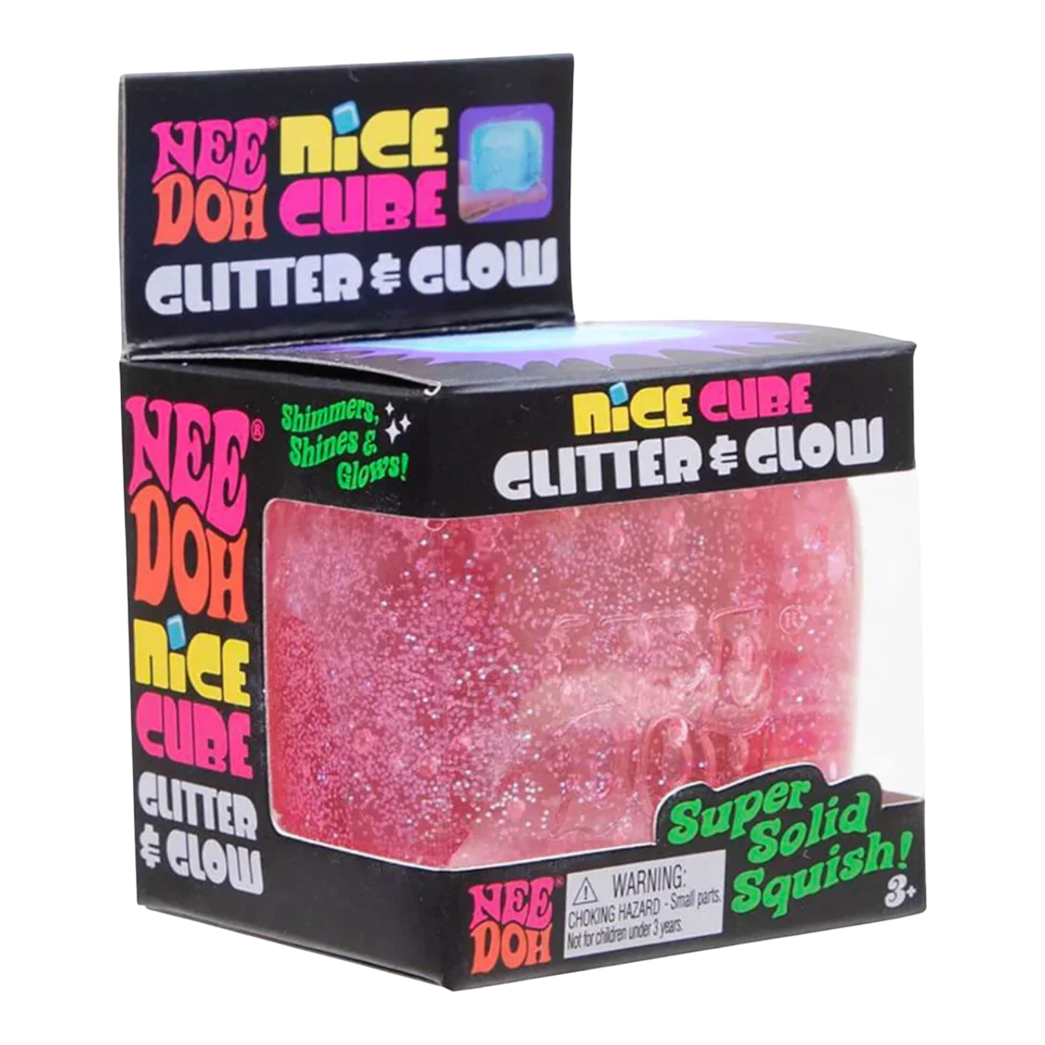 Squish Planet NeeDoh Nice Cube Glitter and Glow sensory toy, a pink squishy cube with glitter.